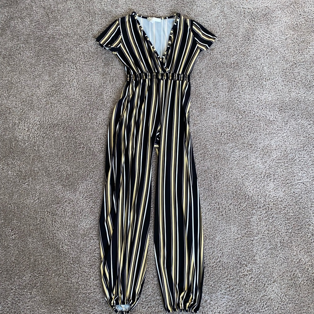 Yellow, Black and White Striped Jumpsuit
